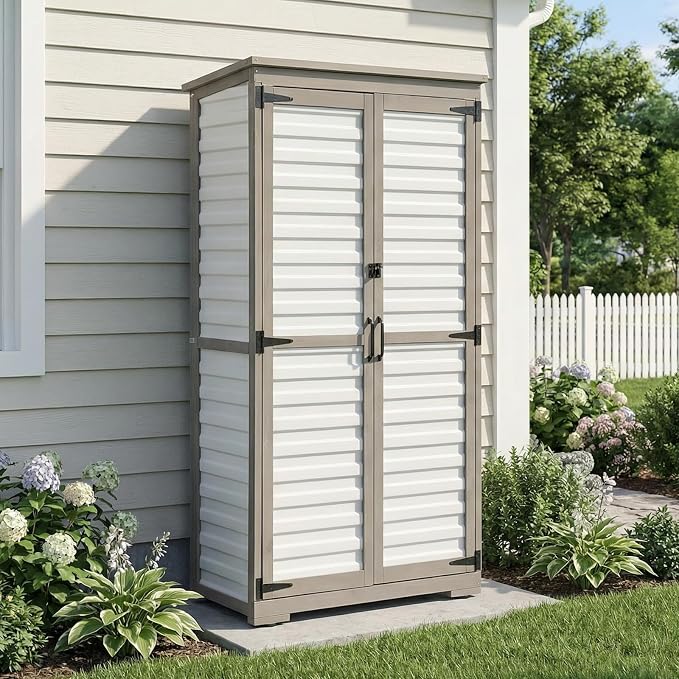 Outdoor Storage Cabinet, Wood & Plastic Garden Shed with Adjustable Shelves | Waterproof Slanted Roof, Rustproof Plastic Panels, Lockable Magnetic Doors, Leveling Feet, White, for Patio, Backyard, Garage