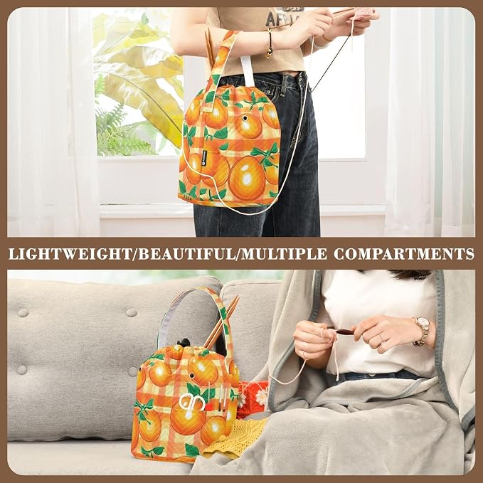 Tatenale Crochet Bag Yarn Bag Knitting Project Bag with Pockets and Handle Portable Yarn Storage Organizer Tangle Free 8.3x11 InchCartoon Orange Plaid37
