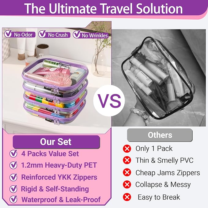 YQBRAO Clear Hard Shell Zipper Cases, 4 Medium Makeup Organizers, Purple | Rigid 1.2 mm PET and YKK dual zippers for skincare, toiletries, chargers, notebooks and daily essentials