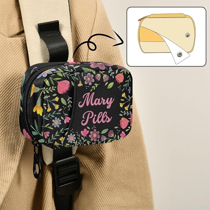 Custom Pill Box 7 Day Pill Case Bag Floral Flowers Personalized Name Travel Pill Organizer Bag with Zipper Portable Weekly Case Compact Size for Vitamin Supplement Holder