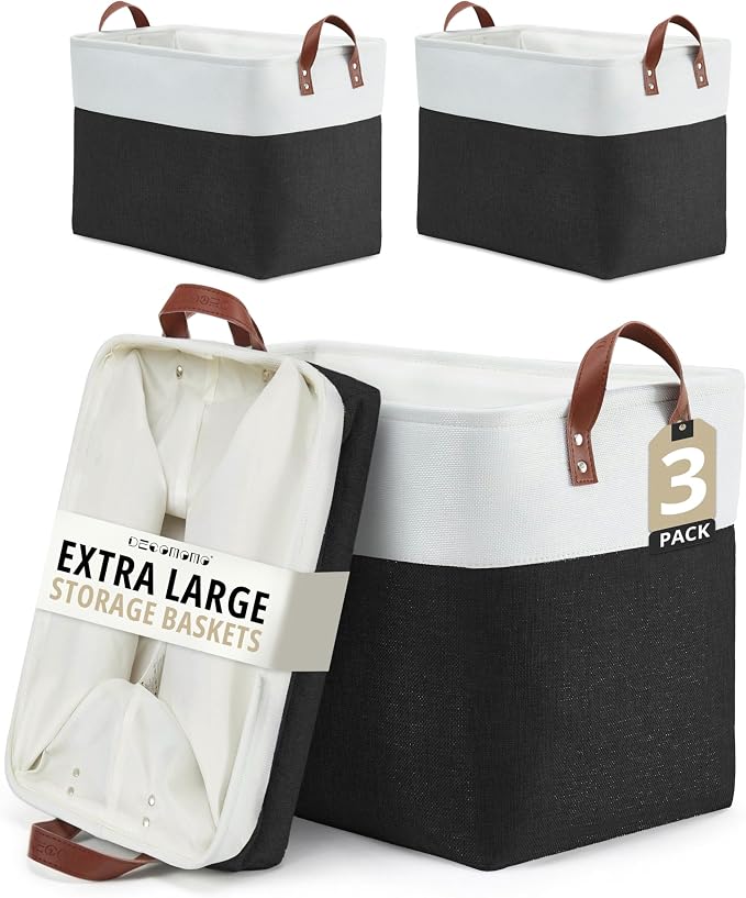 DECOMOMO Fabric Storage Bins, Extra Large Storage Baskets with Handles | 3 Pack Storage Baskets for Shelves, Laundry, Toys, Nursery (Black & White)
