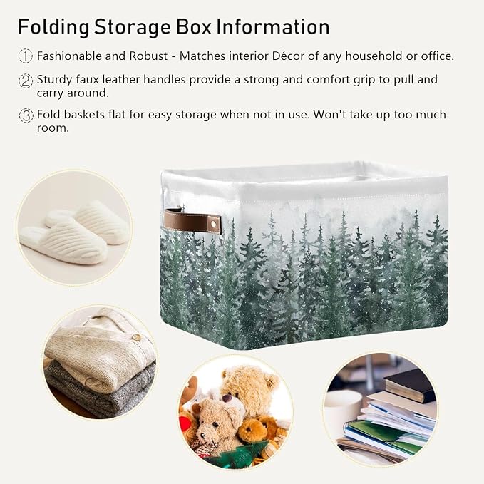 Winter Pine Forest Tree Storage Basket with Waterproof Liner and PU Handles Christmas Snow Scene Storage Bins Boxes 14.2" Collapsible Decorative Organizer Baskets for Bedroom Closet Office 2 Pack