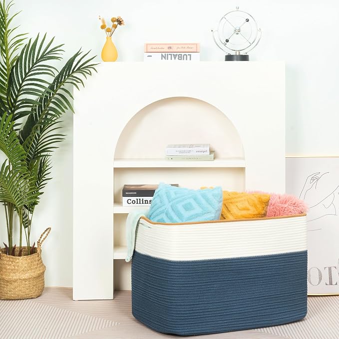 112L Extra Large Blanket Basket Holder Living Room, 25"x17"x16" Rectangle Rope Woven Storage Basket with Handles for Laundry, Towels, Shoes, Dog Toy Organizer Bin Box, Prussian Blue