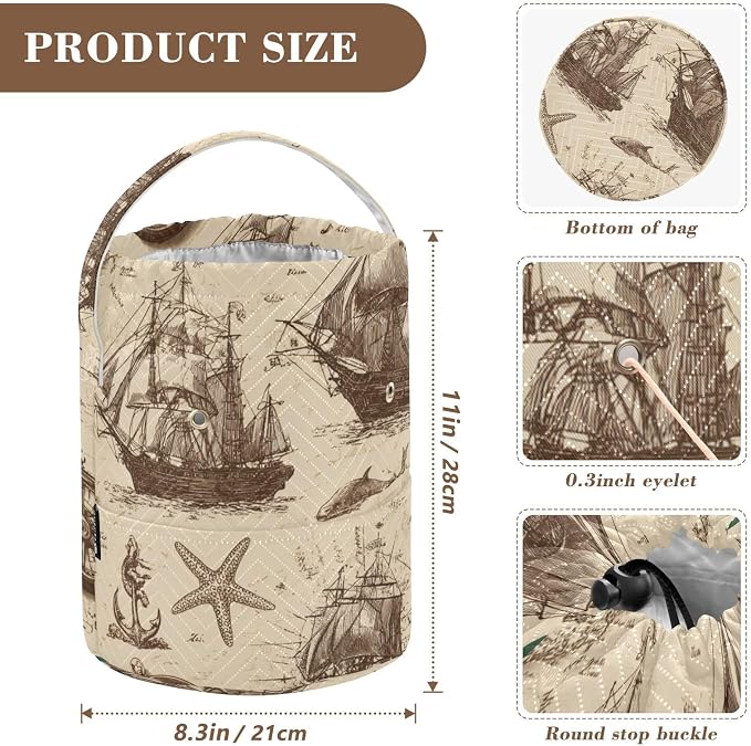 Tatenale Crochet Bag Yarn Bag Knitting Project Bag with Pockets and Handle Portable Yarn Storage Organizer Tangle Free 8.3x11 InchVintage Brown Sailing Ships Starfish Anchor31