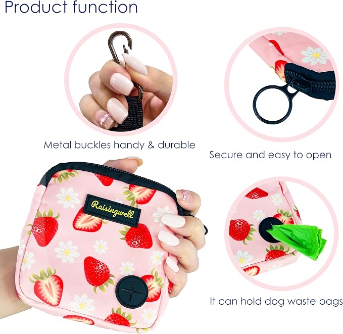 Raisingwell Dog Treat Pouch for Pet Walking and Training with Clicker Poop Bags Small Fanny Zipper Pack Holder for Puppy Snack Dispenser Kit for Leash and Outdoor Use (Strawberry)