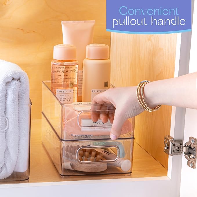 primebox - Clear Plastic Organizing Containers, 4 Pack - Stackable Storage Bins with Handles, 10"x6"x3"