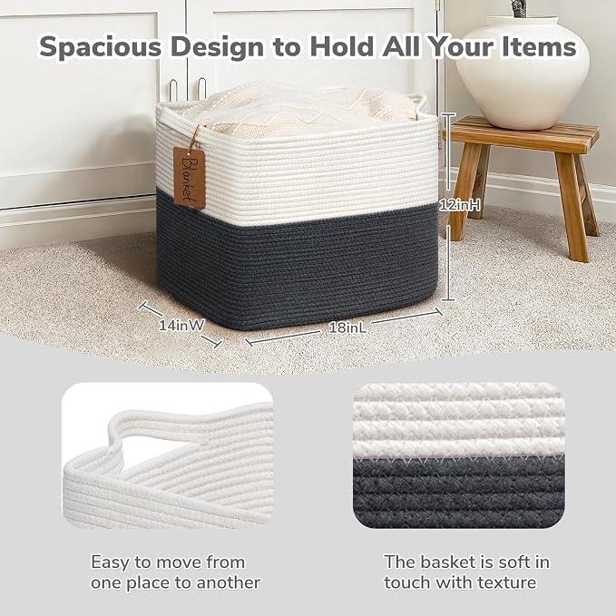 Goodpick 50L Large Woven Rope Storage Basket, Rectangle, Dark Gray | 18" × 14" × 12" Decorative Gift Basket for Living Room & Nursery Organization, Fits Blanket & Toy Storage, Writable Label