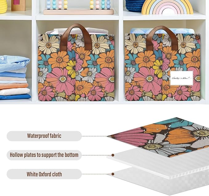 Retro Groovy Daisy Flower Storage Bins for Shelves with Labels&Handles Fabric Organizer Bin Vintage Floral Foldable Rectangle Storage Basket Orange Hippie Boxes for Closet, Home, Living Room, Laundry