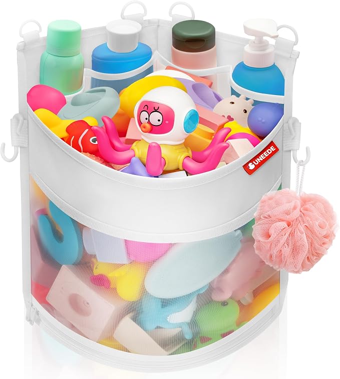 UNEEDE 3.5 Gallons Corner Mounted Versatile Bath Toy Organizer | Mesh Shower Caddy for Bathtub Toy Organizer and Storage, Quick Dry Bath Toy Holder