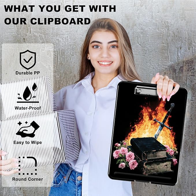 Heavy Duty Storage Clipboard, Slim Nursing Clipboard with Internal Pen Case, Portable File Organizer Case for A4 Letter Size Paper Office Medical Professionals, Flame Book Rose