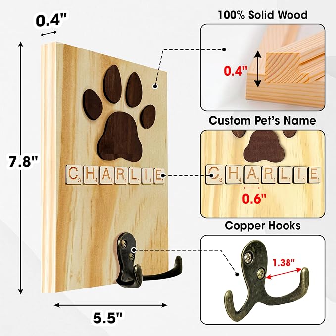 Personalized Dog Leash Holder Wall Mount, Pet Harness Hanger with Alphabet Block Styles, Dog Collar Organizer for Entryway, Memorial Cat Leash Holder for Wall, Pet Loss Gifts, Keepsake, Home Decor