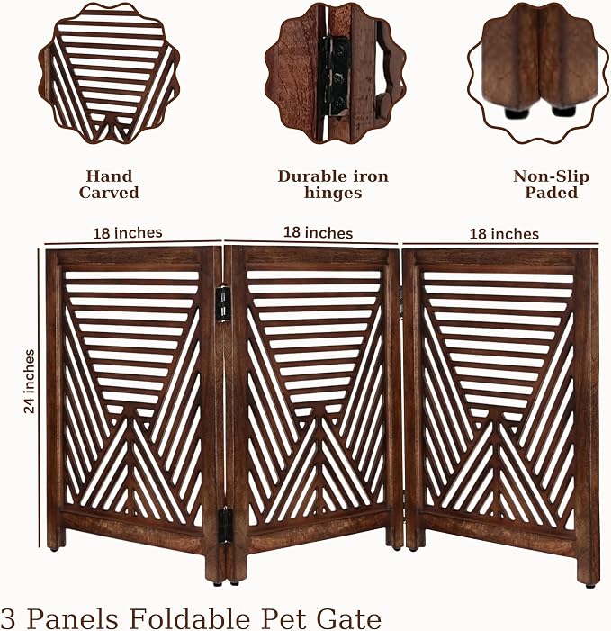 Lightnpro 3-Panel Wooden Dog Gate – Rustic Burnt Finish Foldable Freestanding Pet Barrier, Extra-Wide Indoor Safety Fence for Small Dogs & Puppies – 24x54 Inch
