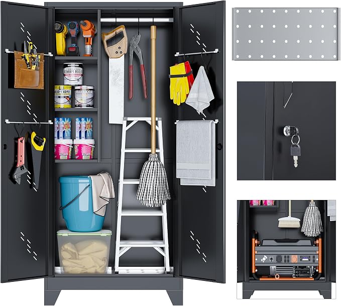 Metal Storage Cabinet, 75" Cleaning Tool Cabinet with Locking Door, Tall Storage Sheds Tool Organizer, Large Broom Cabinet for Bathroom, Laundry Room, Kitchen, Pantry, and Humid Environments