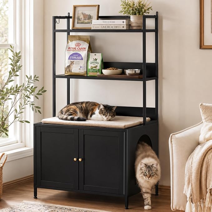 Cat Litter Box Enclosure with Shelves, Large Metal Pet House Washroom Dog Proof Furniture, Hidden Little Box Cabinet, Living Room Side End Table, Indoor Cat House, Assembly Required