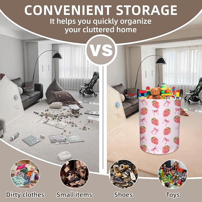 Strawberry Laundry Hamper, Waterproof Laundry Basket for Bedroom, 43L Collapsible Round Storage Bin with Handles for Toys, Storage Basket for Boys Girls, Strawberry Bathroom Decor 13.8x17.7 in