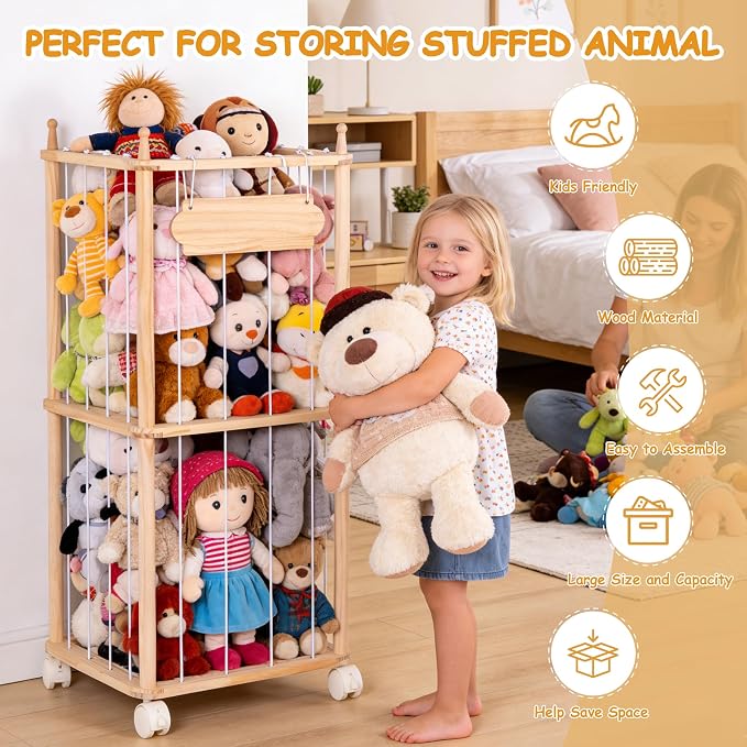 Small Stuffed Animal Storage with wheels for Playroom and Nursery | 36.6"H Small Stuffed Animal Organizer for Toddler Bedroom - Toy or Stuffed Animal Zoo Holder for Boys and Girls
