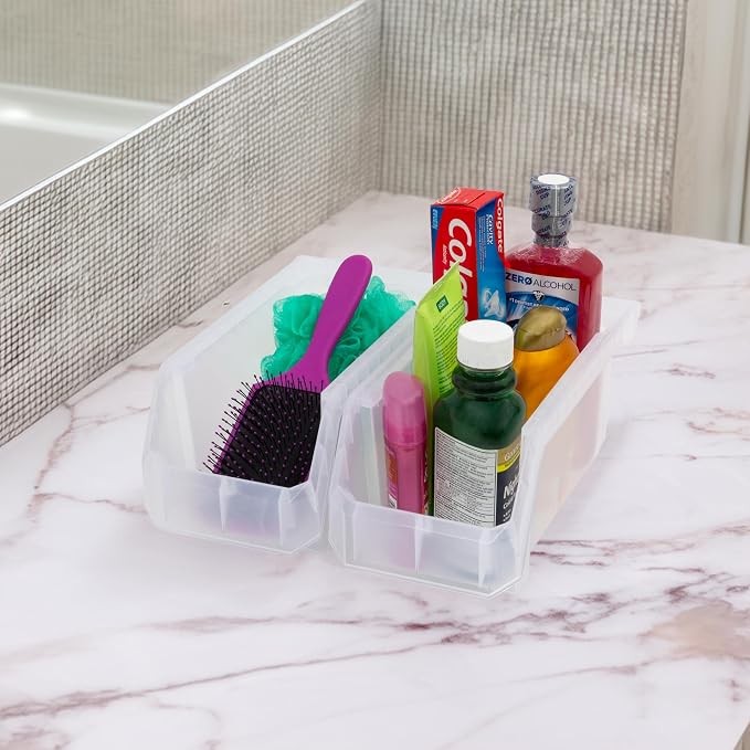 Medium Stackable Plastic Storage Bins, 8-Pack, Clear | Open-Front Stackable Bins For Garage, Pantry, Closet & Office, 11"L X 5,5"W X 5"H, Nests When Empty, Durable Plastic,