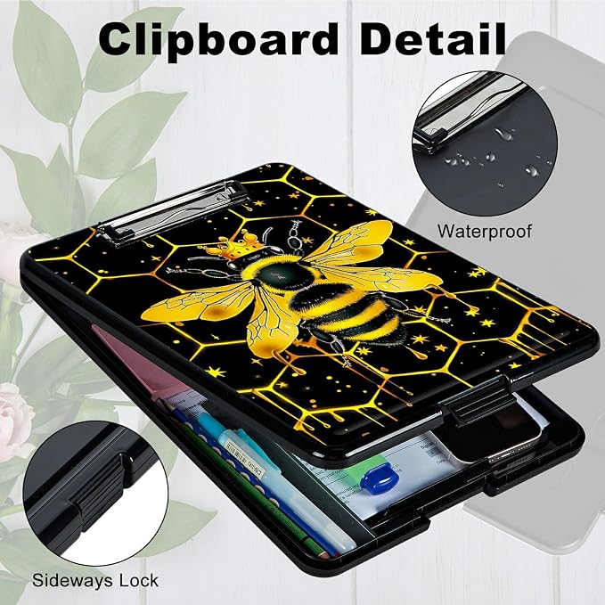 Bee Black Background A4 Clipboard with Storage Pen Holder, Clipboards Organizer Nursing Clipboard Foldable File Folder Plastic Clipboard Folio Clip Board for Office Students Classroom