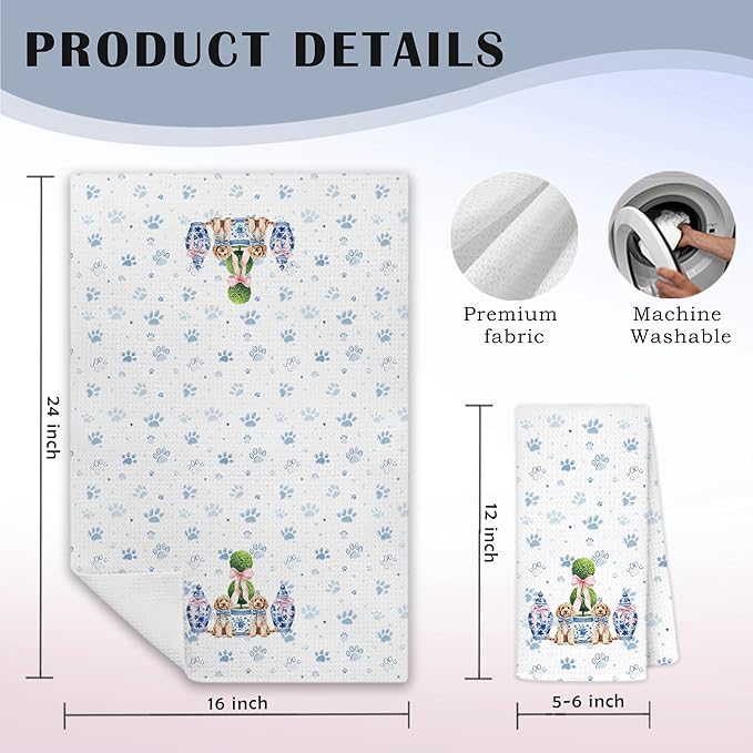 Blue Chinoiserie Christmas Goldendoodle Kitchen Towels, Goldendoodle Gifts Dish Tea Towels for Kitchen, Coquette Pink Bow Xmas Tree Golden Doodle Dog Hand Towel for Bathroom, 16x24 Inch