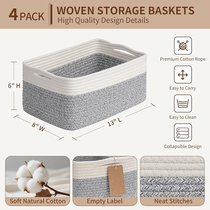 Goodpick 4 Pack Storage Baskets for Organizing Shelves, Gray & White | 13" x 8" x 6" Woven Rope Baskets for Baby Toys & Books, Shelf & Closet Organization, Stylish Gift Basket for Home Decor