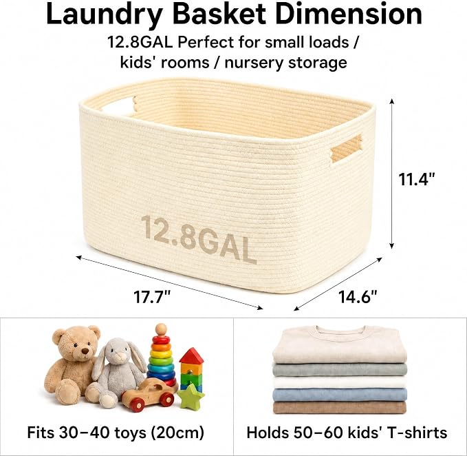 12.8GAL Small Cute laundry basket for nursery, Boho Square storage basket for Living Room Decor, Kids Girls Boys Toys Stuffed Animal Decorative Short Hamper for Dirty Clothes, Bath Towel, Books Beige