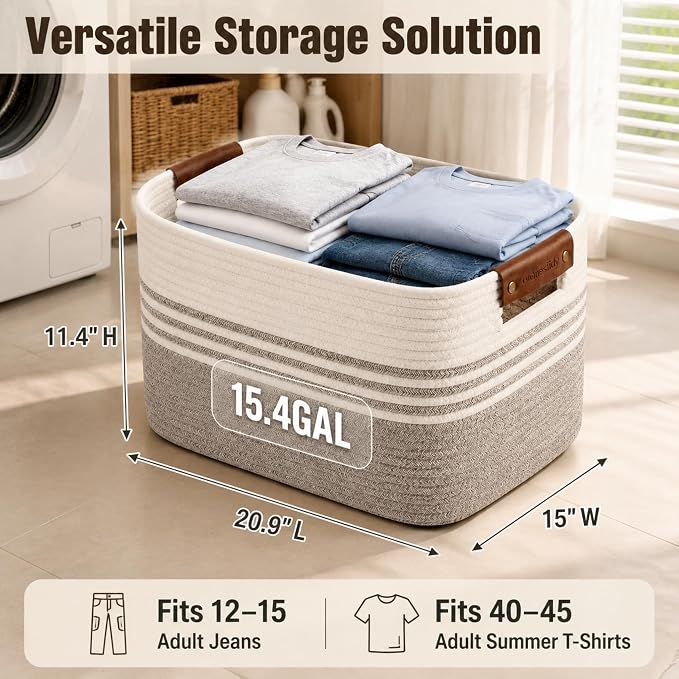 Cotton Rope Laundry Basket Medium, 15.4GAL Collapsible Woven Storage Baskets for Living Room Kids Toys Stuffed Animal,Boho Rectangular Decorative Short Hamper for Dirty Clothes, Blankets White Brown