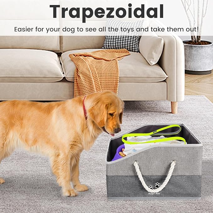Large Dog Toy Basket with Handle, Foldable Dog Toy Box for Living Room Area , 20" Basket for Dog's Supplies, Organizer and Storage with Hard Board, Anti-Slip for Pet Toys (Gray, Medium 20"×15")
