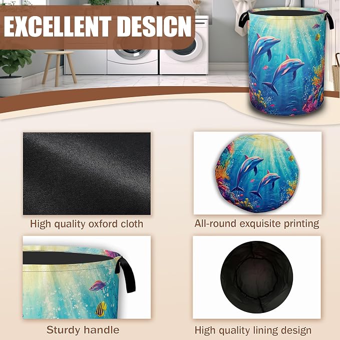 Dolphin Ocean Floating Laundry Basket,Waterproof Foldable Laundry Hamper,Dirty Clothes Basket, Linen Bin Storage Organizer Collection 16" x 20.8"