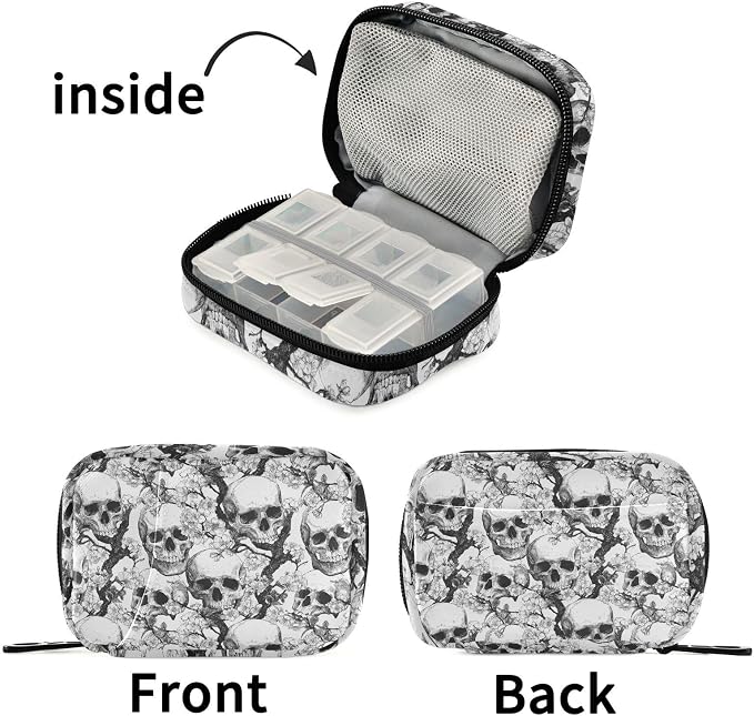 Fustylead Skulls and Cherry Flowers Travel Pill Organizer Bag with Zipper Small Pill Box 7 Day Pill Case for Purse Storage Weekly Vitamin Medicine Supplement