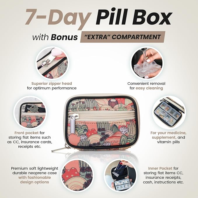Made Easy Kit Pill Case for Everyday and Travel - 7-Day Weekly Medicine Supplement Vitamin Organizer Sorter Tracker - Neoprene Bag with Pockets - Compact Portable 8 Compartments (Khaki Desert)