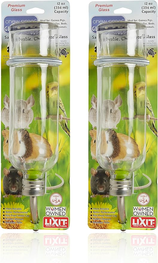 Lixit® Chew Proof Flat Sided Water Bottles for Rabbits, Ferrets, Rats, Birds, Hamsters, Guinea Pigs, Chinchillas Gerbils and Other Small Animals - Made in USA (Clear, 12 Ounce Pack of 2)