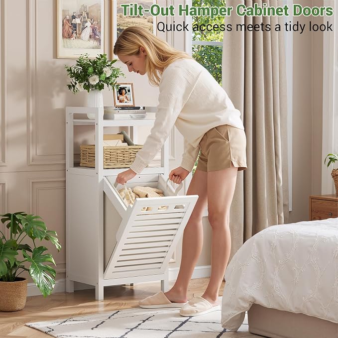 Homykic Tilt Out Laundry Hamper Cabinet, 10 Gal Bamboo Laundry Organizer | Wooden Laundry Basket with Removable Bag, Hidden Hamper with Shelf for Clothes, Bathroom, Laundry Room, Space Saving, White
