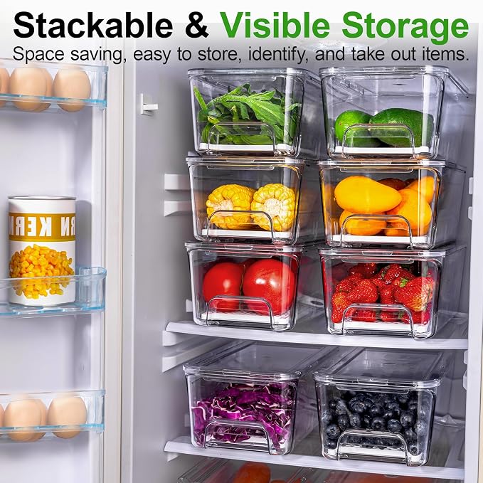 Fruit Storage Containers for Fridge with Pull-Out Organizer Bins, 4 pack | Stackable Pull-Out Drawers with Lids & Drain Trays, Large 5.22Qt, Keep Fruit Berry Veggie Salad Fresh Longer for Refrigerator