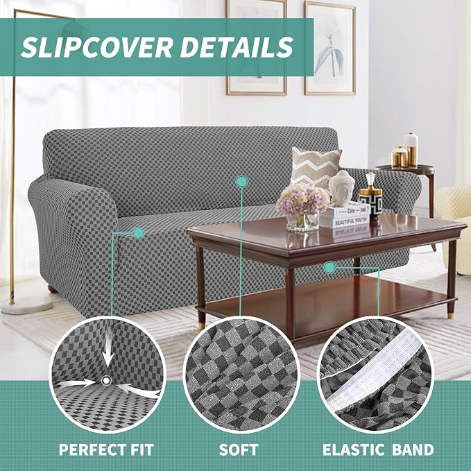 YEMYHOM Couch Cover Latest Jacquard Design High Stretch Sofa Covers for 3 Cushion Couch, Pet Dog Cat Proof Slipcover Non Slip Magic Elastic Furniture Protector (Large, Dark Gray Checkered)