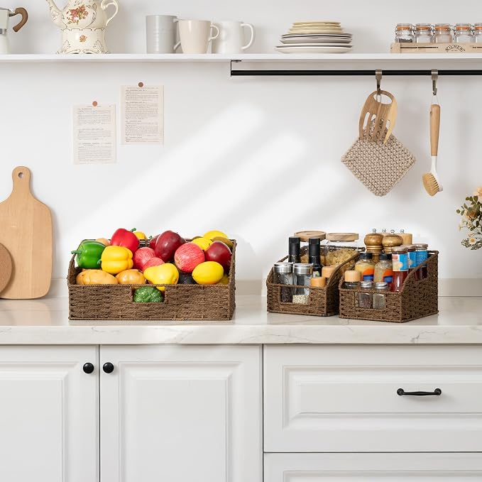 StorageWorks Pantry Storage Baskets, Shelf Baskets, Brown Baskets, 3-Pack | Paper Rope Pantry Baskets, Wicker Baskets with Handles, Handwoven Shelf Baskets for Organizing, Pantry Organizers and Storage