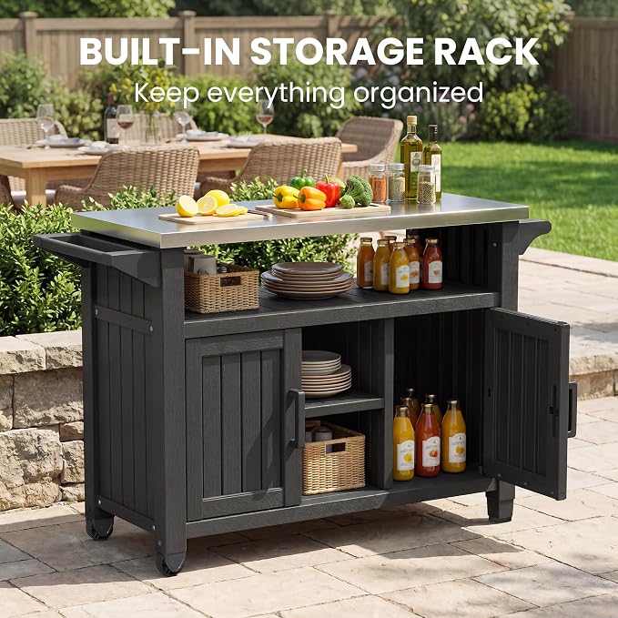 Bifanuo Outdoor Grill Table Grill Cart with Stainless Steel Top & Storage Cabinet for Food Prep and Storage, Portable and Durable with Wheels (Standard Black)