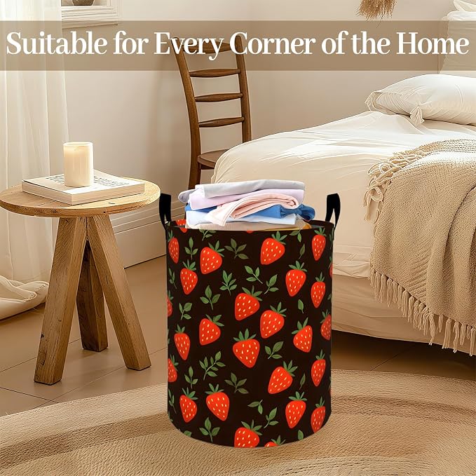 Strawberry Laundry Basket, Berry Leaf Foldable Oxford Cloth, Waterproof Dirty Clothes Hamper with Handles, Clothing Storage Bin Toy Organizer for Bedroom Dorm Bathroom, 19.7"x15.7"