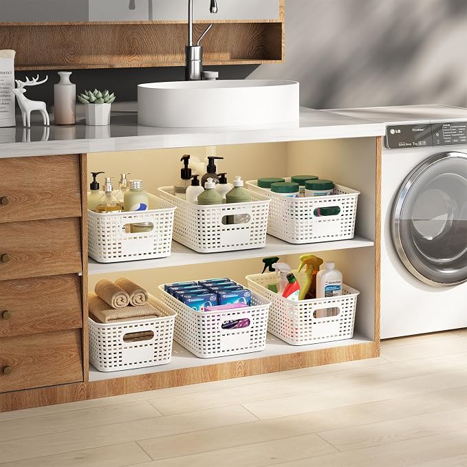 ORGIDOL Plastic Storage Basket with Lids 12 Pack Stackable Storage Bins Containers with Lid, Decorative Storage Boxes for Organizing Shelves, Drawers, Playroom, Classroom, Office, Closet, White