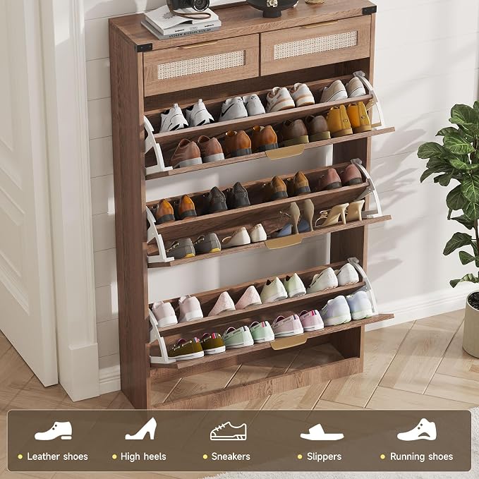 Halitaa Shoe Cabinet with 3 Flip Drawers & 2 Drawers,Freestanding Shoe Storage Cabinet for Entryway,Farmhouse Narrow Slim Organizer Rack for Foyer,Hallway,Rustic Oak Rattan