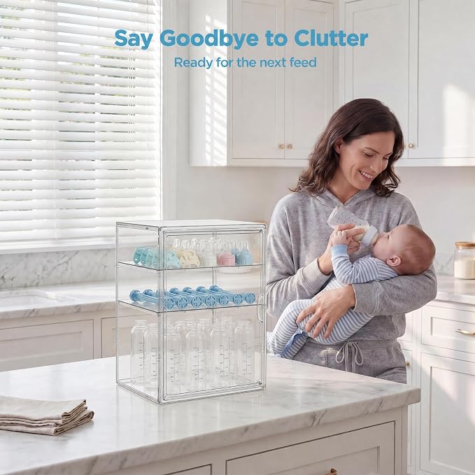 HBlife Baby Bottle Storage Organizer for Countertop Cabinet, 3 Tiers Adjustable Clear Acrylic Bottles Storage Station Case Box Container with 2 Removable Dividers and Magnetic Door, X-Large