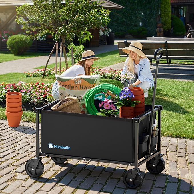 29.3" Collapsible Wagon Cart, 150L Heavy Duty Folding Utility Wagon with Wheels, 260 lbs Load, Portable Rolling Cart for Garden, Shopping, Sports, Camping, Black