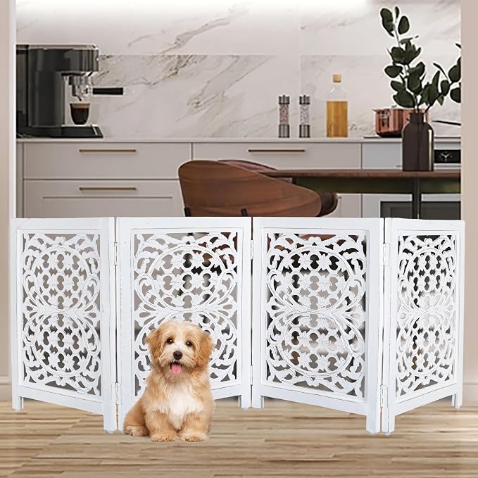 Lightnpro 4-Panel Wooden Dog Gate with Stopper – 72 Inch Extra-Wide Foldable Freestanding Pet Barrier, Antique White Indoor Safety Fence for Small Dogs & Puppies – 24x18 Inch Panels