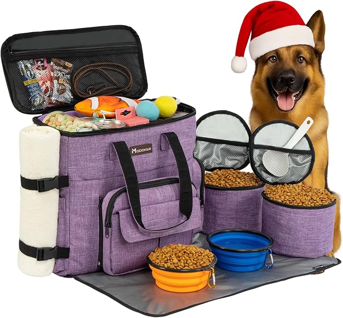Modoker Dog Travel Organizer Carriers for Supplies & Accessories, Airline Approved Cat Pet Travel Bag, 2 Collapsible Bowls, 2 Travel Dog Food Container, Purple | Dog travel accessories set with feeding supplies, bowls, mat, and strap. Ideal for weekend...
