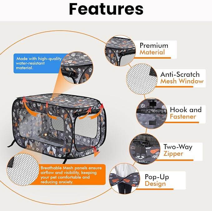 Portable Collapsible Pop Up Kennel, 24" L x 16.6" W x 16" H, Face of Love | Collapsible indoor/outdoor travel cat and dog crate with mesh screen windows pops up and folds flat for easy storage