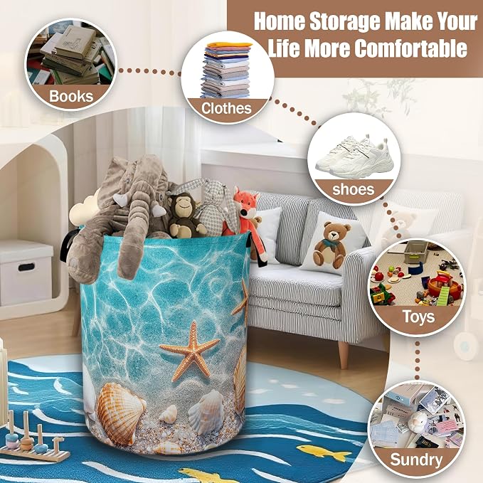 Laundry Hamper,Starfish and Seashell on Beach Collapsible Laundry Baskets Waterproof Oxford Cloth With Handles,Clothes Storage Bucket Toy Organizer For Bathroom/Nursery/Bedroom 16" x 20.8"