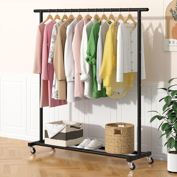 Buzowruil Metal Rolling Clothing Rack Adjustable Freestanding Garment Organizer with Wheels, Space-Saving Design for Home, Closet, Office, or Retail,Black