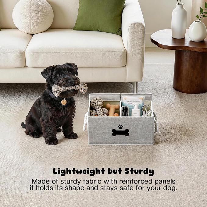 Dog Toy Basket with Double-Open Lid, Divided Dogs Basket for Toys, Collapsible Pet Toy Box, Dog Storage Organizer with 2 Divided Area, Puppy Toys Baskets with Rope Handles, Gray