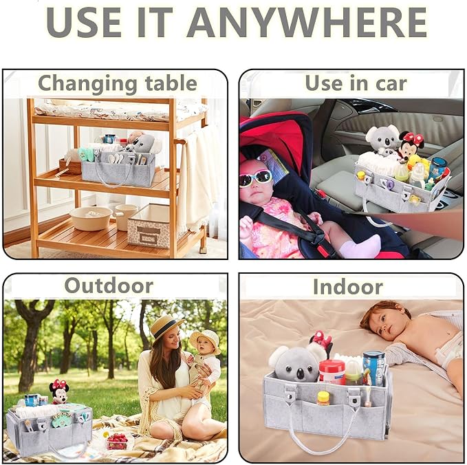 XUANGUO Large Baby Diaper Caddy Organizer, Felt Basket with Handles, Grey | Nursery storage bin with dividers; portable tote bag for baby stuff, changing table or car, baby shower and registry gifts.