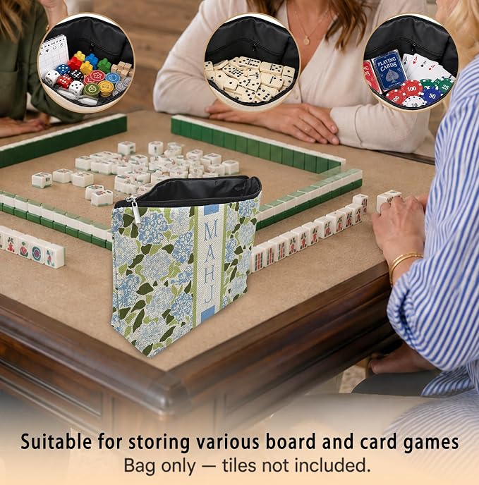 Blue and Green Hydrangea Empty Mahjong Tile Bag 13x7.8 Inch, | Blue Floral Printed Portable Travel Case Organizer Zipper Pouch for American Mahjong Tiles Game Night Accessories and Gifts