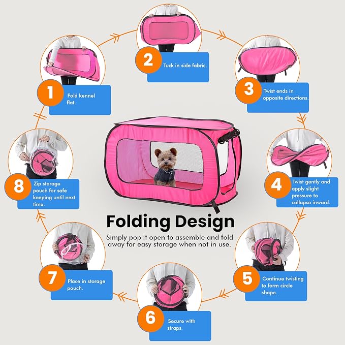 Portable Collapsible Pop Up Kennel, 36" L x 22" W x 22" H, Fuchsia | Collapsible indoor/outdoor travel cat and dog crate with mesh screen windows pops up and folds flat for easy storage